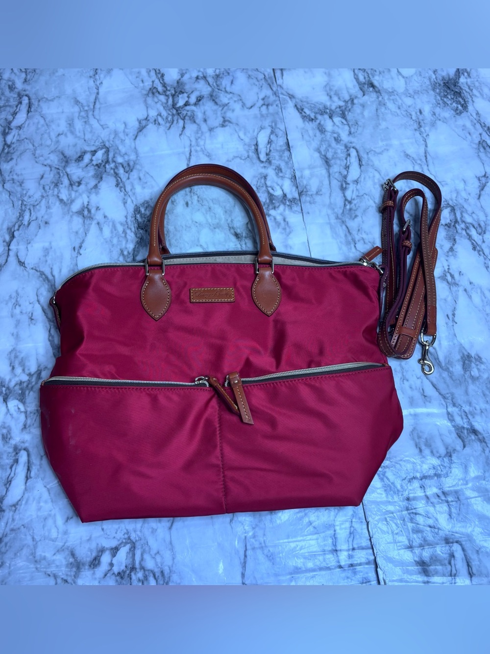 Dooney & Bourke Red Tote bag purse Brown Leather Trim Strap Classic